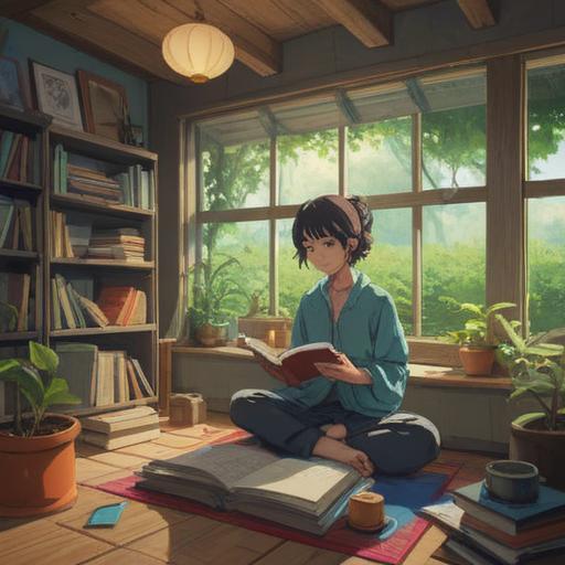 A serene workspace focused on mindfulness practice, inviting ambiance, soft natural light, a person meditating with a journal and mindfulness tools, calming plants around, harmonious colors, clear mind, peaceful atmosphere, promoting self-awareness, 4k