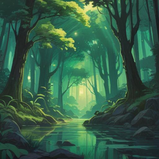 A serene and mystical scene depicting green lines radiating from a central point, symbolizing spiritual energy, surrounded by ethereal light and nature, lush greenery in the background, calming atmosphere, gentle flowing lines, harmonious composition, representing balance and clarity, 4k