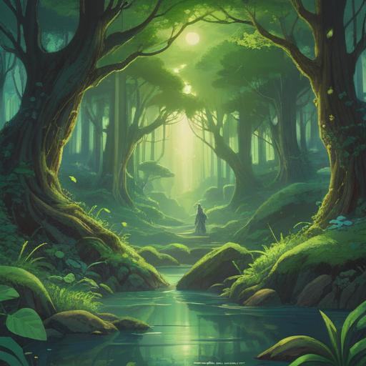 A serene landscape featuring green lines intersecting through nature, representing spiritual guidance and positive signs, ethereal light illuminating the scene, vibrant greenery surrounding the lines, calm water reflecting the colors, peaceful atmosphere, subtle hints of wildlife, enchanting and uplifting feeling, 4k
