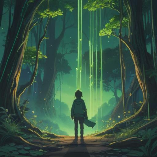 A spiritual moment depicting green lines appearing in the air, a sense of alertness and awareness, ethereal surroundings, a person gazing upward in reflection, glowing green energies, soft light illuminating the scene, a feeling of connection with the universe, mystical symbols and patterns in the background, 4k