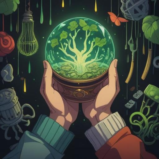 A whimsical illustration depicting a person's hands holding a green line that glows softly, surrounded by various lucky items like four-leaf clovers, horseshoes, and lucky coins, the background filled with a vibrant forest scene, sunlight filtering through the trees, a sense of wonder and good fortune, vivid colors, magical atmosphere