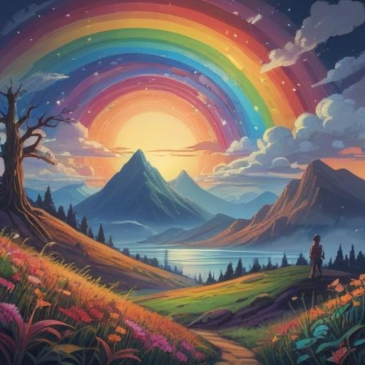 A mystical illustration depicting rainbow-colored lines radiating across a serene landscape, representing spiritual connections, ethereal glow, intertwining energies, harmonious colors blending seamlessly, peaceful atmosphere, symbolism of hope and unity, 4k