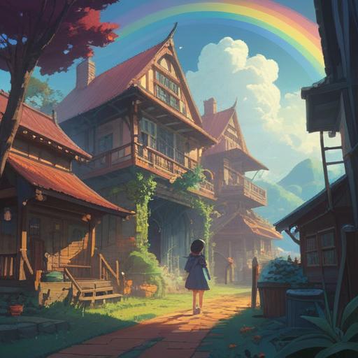 A vibrant scene depicting a rainbow-colored line emerging in a serene environment, ethereal light illuminating the area, mystical aura surrounding the line, characters observing with wonder, nature elements like trees and flowers reflecting the colors of the line, spiritual symbols subtly integrated, calming atmosphere, engaging composition, 4k