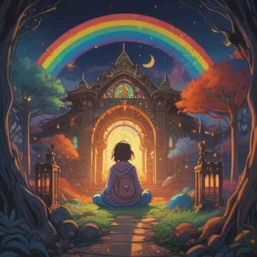A vibrant illustration featuring a spiritual lucky item, displaying rainbow-colored lines, intricate designs, a serene background with soft glowing light, elements of nature intertwined, symbolizing positivity and good fortune, ethereal atmosphere, 4k