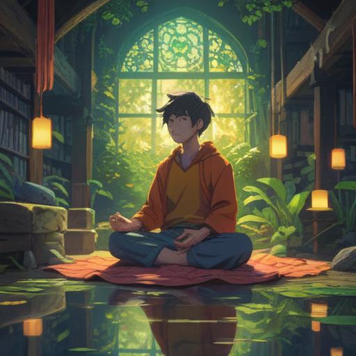 A serene scene of a person meditating surrounded by scattered photographs, gentle light illuminating the space, reflections of memories in the images, an atmosphere of clarity and peace, symbolic representation of letting go and spiritual cleansing, nature elements like plants and soft textiles, harmonious balance, 4k