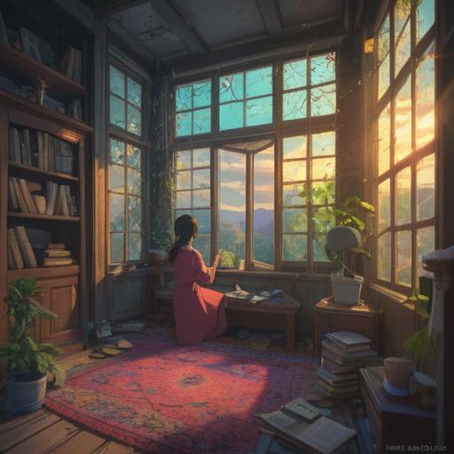 A serene scene depicting the process of decluttering photographs, ethereal light shining through a window, a person contemplating their memories, spiritual symbols subtly present in the background, a feeling of release and renewal, harmonious atmosphere, calming color palette, 4k