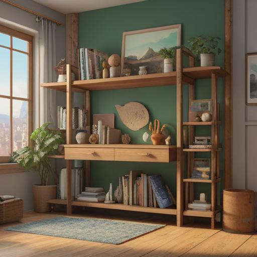 A serene and minimalist scene of a beautifully organized living space, showcasing a collection of lucky items carefully arranged on a wooden shelf, sunlight streaming through a window, a sense of calm and clarity, decluttered environment filled with positive energy, soft shadows and gentle highlights, inviting atmosphere, 4k