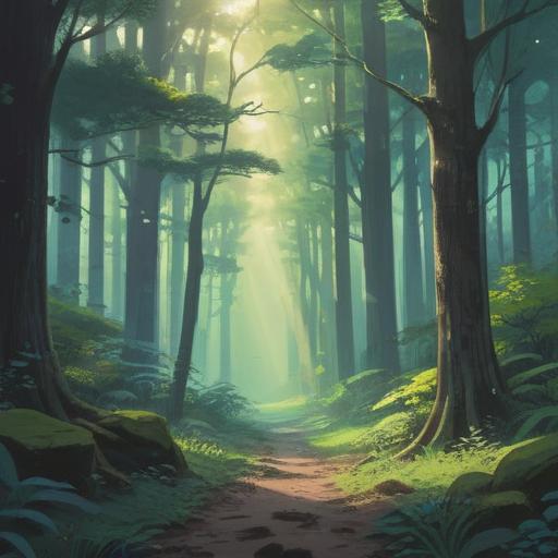 A serene photograph capturing beams of sunlight streaming through trees, ethereal atmosphere, subtle spiritual symbols in the light, tranquil nature setting, soft focus on foreground elements, inviting sense of peace and connection, vibrant green foliage, gentle sunlight, 4k