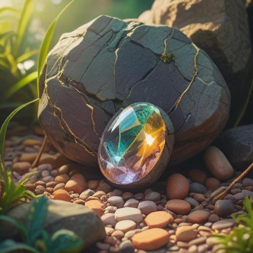A photo of a lucky stone illuminated by lines of sunlight, vibrant colors, intricate textures on the stone, shimmering reflections, warm sunlight filtering through trees, soft bokeh background, peaceful atmosphere, serene nature setting, 4k
