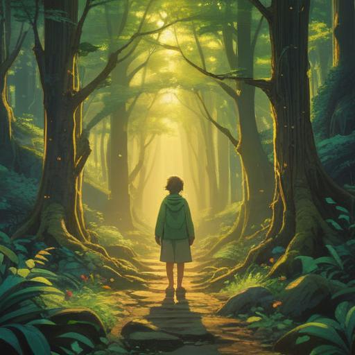 A serene landscape bathed in golden light, a gentle breeze rustling through vibrant green trees, a figure standing in contemplation, surrounded by glowing orbs representing messages of light, hints of fortune scattered on the ground, ethereal ambiance, uplifting atmosphere, detailed nature elements, vibrant colors, 4k