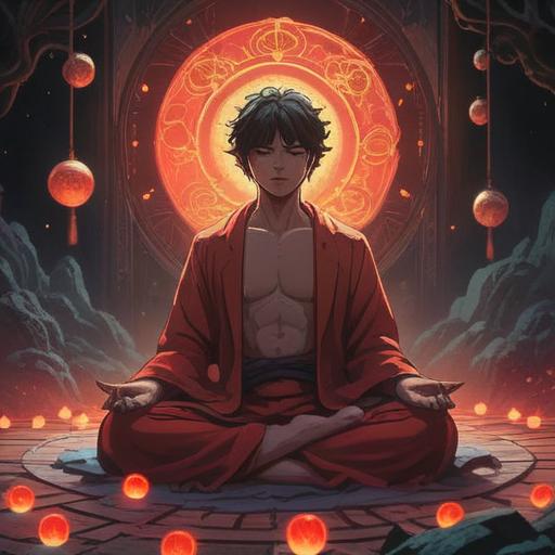 A spiritual scene featuring a figure meditating surrounded by red light, glowing orbs, ethereal energy patterns, mystical atmosphere, symbolic representations of enlightenment, serene facial expression, nature elements in the background, harmonious blend of colors, tranquil setting