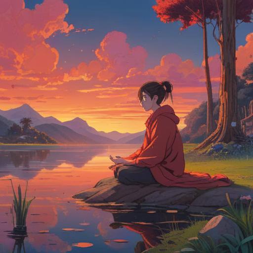 A serene landscape bathed in red light, a person meditating peacefully, reflecting on the influence of emotions, vibrant hues creating a warm glow, an aura of calmness surrounding the individual, gentle waves of red illuminating the scene, trees softly silhouetted against the light, 4k
