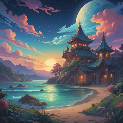 A mystical scene illuminated by blue light, ethereal aura surrounding symbols of positivity, serene landscape with gentle waves, celestial elements in the sky, vibrant energy radiating from a central point, spiritual creatures appearing in harmony, deep connection to the universe, tranquil atmosphere, harmonious colors, inviting sense of enlightenment, 4k