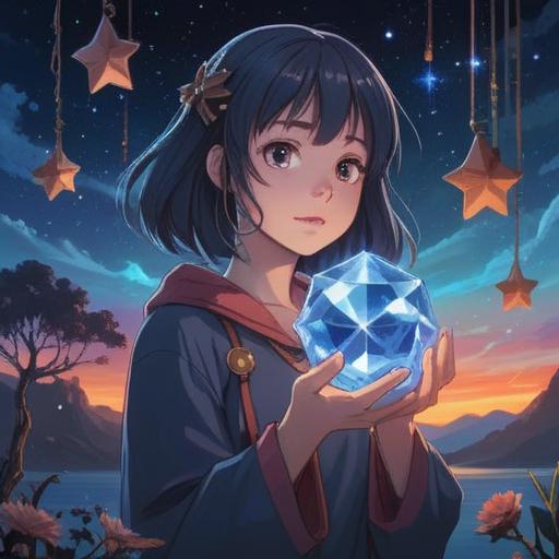 A magical blue light illuminating a serene night sky, the scene depicts a person holding a crystal pendant, surrounded by sparkling stars and a gentle breeze, symbolizing good luck and new beginnings, enchanting atmosphere, vibrant colors, dreamy landscape, intricately designed details, 4k