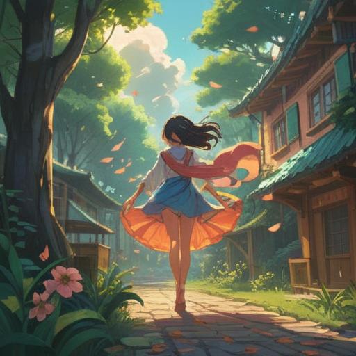 A serene and uplifting illustration of a person releasing photographs into the breeze, symbolizing freedom and spiritual growth, soft warm light filtering through trees, gentle expressions on the person's face, ethereal aura surrounding the released photos, lush green surroundings, a sense of peace and liberation, 4k