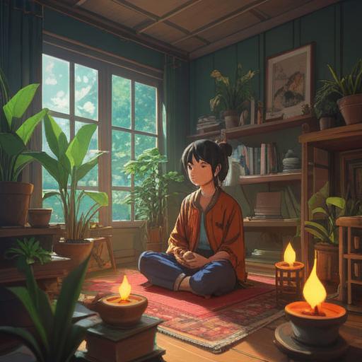 A serene indoor scene, a person meditating in a sunlit room, surrounded by calming elements like plants and candles, peaceful ambiance, reflection on self, minimalistic decor, gentle light filtering through windows, emotions settling down, focus on mindfulness practices, 4k