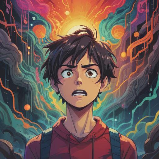 A surreal illustration depicting a person looking frustrated while taking a photo, blurry images in the background, distorted colors representing their spiritual struggle, symbolic elements like floating orbs, abstract shapes around, contrast between clarity and confusion, capturing the essence of spiritual challenges in photography, deep emotions reflected, 4k