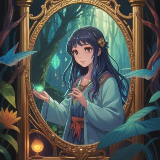 A mystical concept illustration, blurry reflections, ethereal light, spiritual awakening symbolism, a person looking into a mirror with a smile, serene expression, vibrant aura, nature elements surrounding, positive energy, 4k