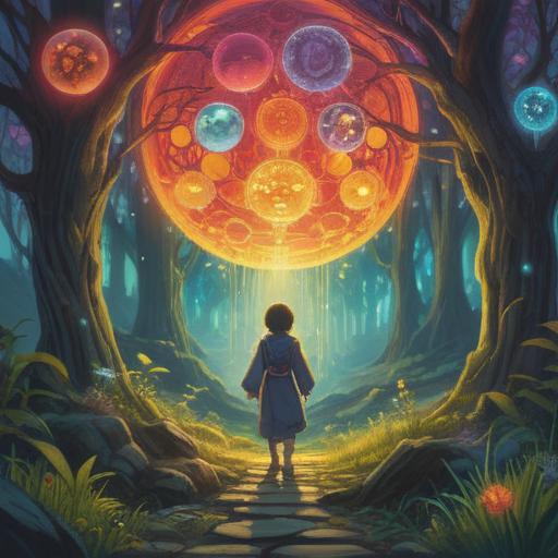 A mystical illustration featuring glowing orbs of light, representing spiritual energy, ethereal atmosphere, serene landscape, enchanting colors, symbolism of enlightenment and connection, peaceful setting with nature elements, harmonious energy flow, 4k