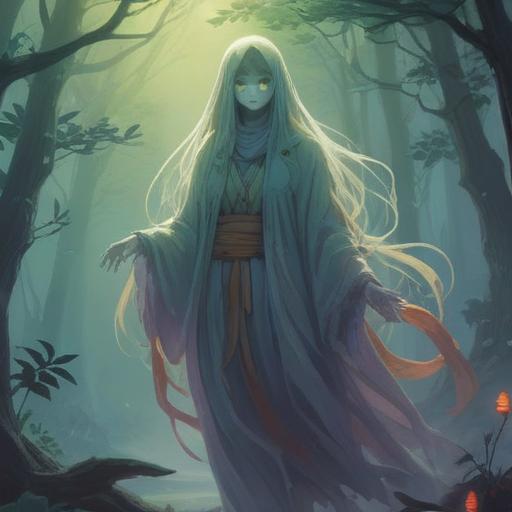 A serene and mystical scene depicting a ghostly figure subtly emerging in an ethereal fog, symbolizing spiritual presence, soft light filtering through the trees, reflections of the ghost in a calm water surface, a peaceful atmosphere, symbols of connection between the physical and spiritual realms, intricate details, vibrant yet soothing color palette, high-resolution