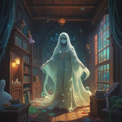 A mysterious photo capturing a ghostly figure, ethereal presence, soft light illuminating the ghost, surrounded by lucky charms, vibrant colors, enchanting atmosphere, intriguing composition, essence of fortune, evocative storytelling, 4k