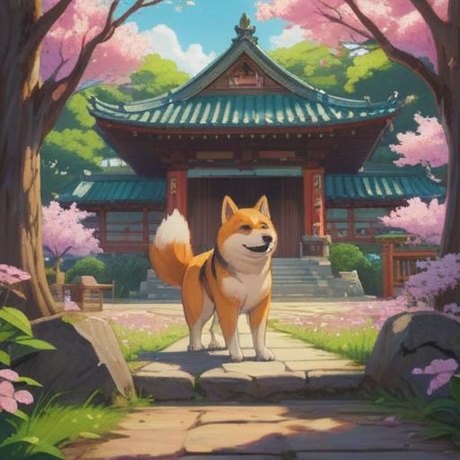 A serene landscape featuring the sacred Shiba Daijingu Shrine, surrounded by lush greenery and vibrant cherry blossoms, soft sunlight filtering through the trees, a tranquil atmosphere, a sense of spirituality and peace, visitors in traditional attire, the shrine's torii gate prominently displayed, intricate architectural details, 4k