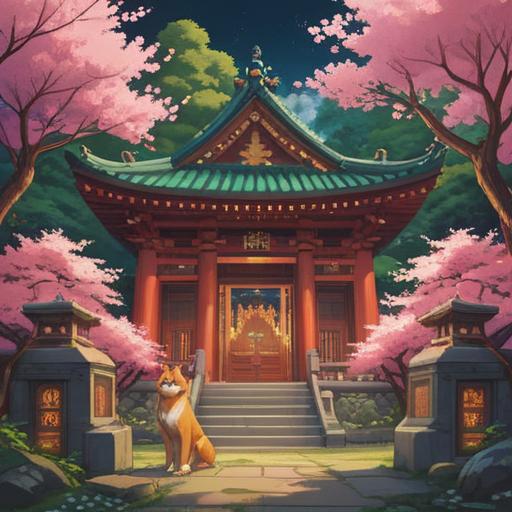 A serene illustration of the Shiba Daijingu shrine, surrounded by lush greenery and cherry blossoms, spiritual symbols glowing softly in the air, people meditating peacefully, a feeling of tranquility and enlightenment, intricate architectural details of the shrine, gentle beams of light filtering through the trees, a clear blue sky, harmonious atmosphere, 4k