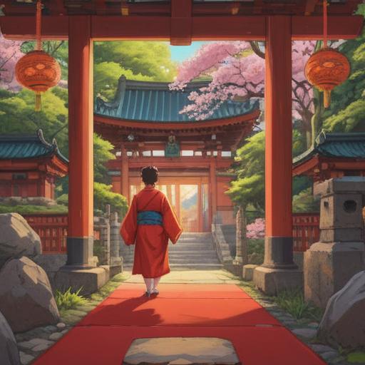 A serene illustration of the Shiba Daijingu Shrine, vibrant red torii gate, visitors dressed in traditional kimono, a lucky item in their hands, cherry blossoms gently falling, peaceful atmosphere, traditional architecture, soft sunlight filtering through the trees, detailed stone pathway, 4k