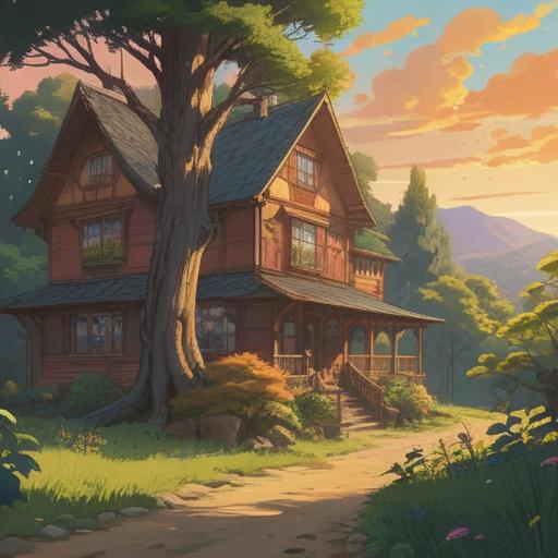 A serene rural landscape, traditional family home in the background, warm sunlight filtering through trees, gentle spirit of nostalgia and weariness, a person sitting on the porch reflecting, symbolic elements of relaxation and rejuvenation, soft earth tones, tranquil atmosphere, meditation and connection to roots, 4k