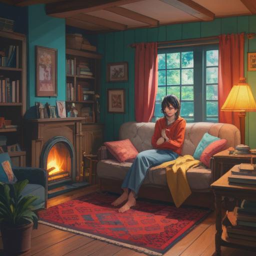 A serene and introspective scene depicting a person sitting in a cozy room filled with natural light, surrounded by family pictures and cherished memories, reflecting on the comforting sense of home, symbols of spiritual growth like glowing orbs and gentle light rays illuminating the space, calm and soothing color palette, emphasizing a feeling of peace and connection, 4k