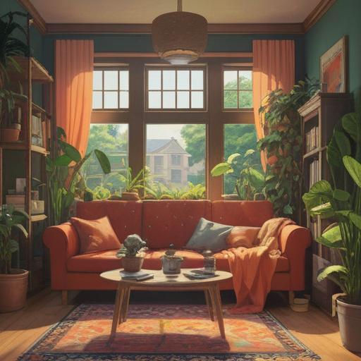 A serene and cozy living room scene, warm sunlight streaming through the window, a person relaxing on a comfortable sofa, surrounded by plants and family photos, a cup of herbal tea on a small table, engaging in self-care activities like reading a book or journaling, peaceful ambiance, inviting atmosphere, promoting mental well-being and relaxation, soft textures, calming colors