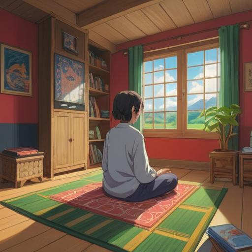 A calming and serene illustration, a cozy room filled with natural light, a person sitting cross-legged on a tatami mat, surrounded by books and journals, engaging in mindfulness activities, soft green plants in the background, warm and inviting atmosphere, reflecting on memories, peaceful emotional state, 4k
