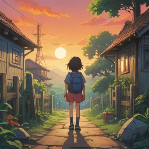 A serene landscape depicting the moment of leaving home, symbolizing growth and self-discovery, a young person standing at a crossroads, sunlight breaking through clouds, gentle winds suggesting change, vibrant flowers representing new beginnings, a distant view of the family home fading into the background, 4k