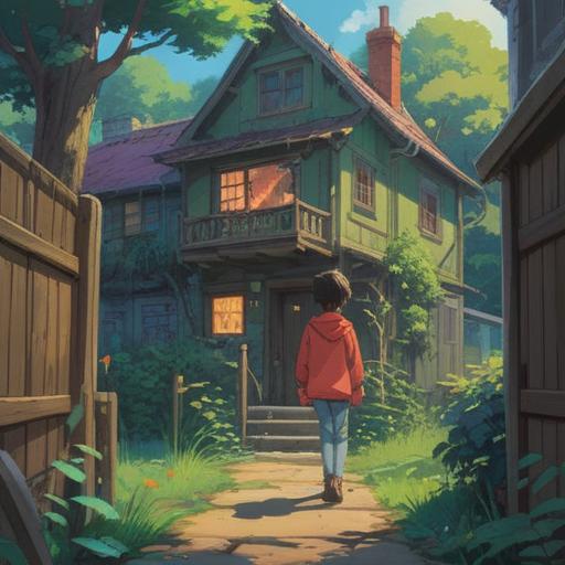 A serene and contemplative scene of a young adult standing at the threshold of their childhood home, looking back with a mix of nostalgia and determination, soft sunlight filtering through trees, symbolizing positive energy and spiritual growth, vibrant colors representing hope and new beginnings, gentle breeze rustling the leaves, 4k