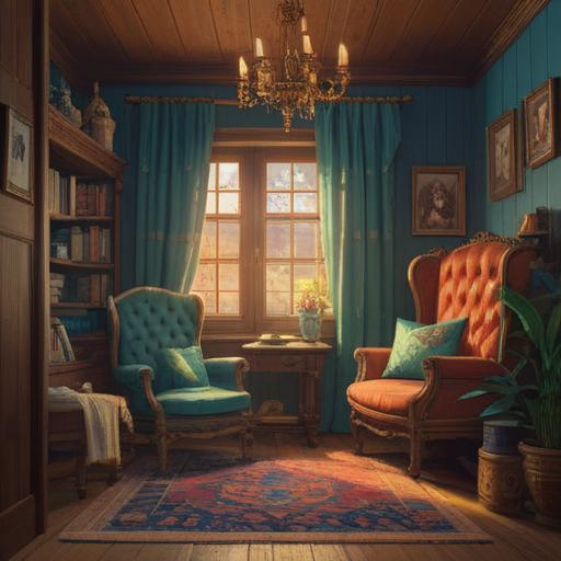 A cozy, inviting room filled with warm light, a vintage armchair with a soft blanket draped over it, a small wooden table with a steaming cup of tea, family photographs on the walls, a sense of nostalgia and comfort, peaceful atmosphere, a special item like a cherished stuffed animal or heirloom displayed prominently, 4k