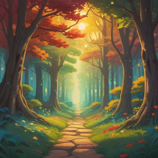 A serene landscape depicting the journey home, symbolic representation of inner peace, warm sunlight filtering through trees, a winding path leading to a traditional Japanese house, soft autumn colors, characters reflecting on memories, sense of belonging and tranquility, spiritual connection to roots, 4k