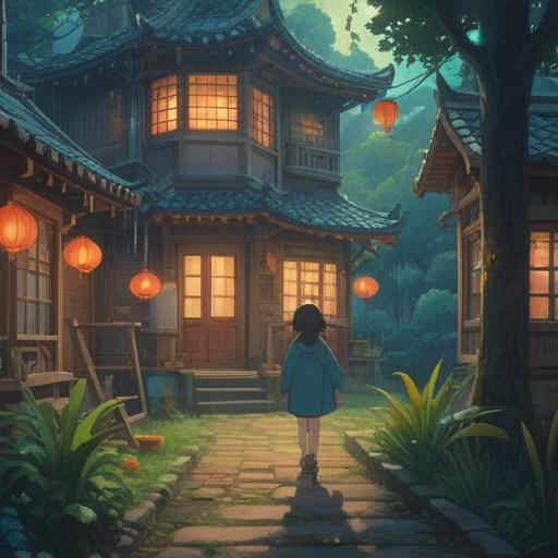 A serene scene depicting a person returning to their childhood home, surrounded by ethereal light, symbols of good fortune in the air, lush greenery, a warm inviting atmosphere, nostalgic feelings reflected in their expression, soft rays of sunlight filtering through trees, harmonious connection with nature, spiritual significance, 4k