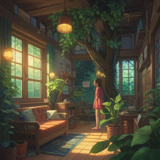 A serene and introspective scene of a person returning to their childhood home, surrounded by lush greenery, warm sunlight filtering through the trees, a sense of nostalgia and reflection, subtle spiritual symbols in the background, peaceful atmosphere, detailed architecture of the house, emotional expressions, soft color palette, 4k