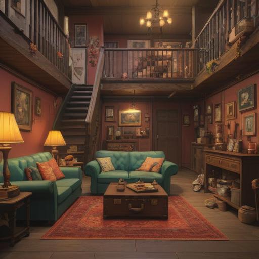 A cozy living room scene, warm lighting, a suitcase packed with various lucky items, traditional family memorabilia, a sense of nostalgia, a comfortable armchair, family photographs on the wall, a vintage touch, inviting atmosphere, 4k