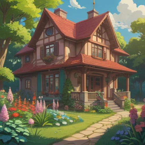 A serene landscape depicting a cozy, traditional family home, warm and inviting atmosphere, surrounded by lush greenery and blooming flowers, gentle sunlight filtering through the trees, evoking feelings of nostalgia and comfort, a sense of longing and connection to one's roots, ethereal elements symbolizing spirituality and inner peace, soft focus, 4k