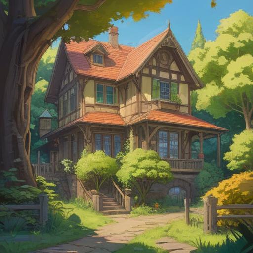 A serene landscape depicting a cozy old house surrounded by lush greenery, soft golden sunlight filtering through the trees, subtle signs of nature reflecting spiritual messages, a winding path leading home, gentle animals symbolizing guidance, a peaceful atmosphere filled with nostalgia, vivid colors capturing the essence of longing, 4k
