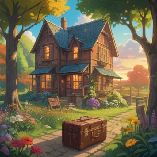 A serene countryside scene, a cozy home in the background, a vintage suitcase filled with cherished memories, warm sunlight cascading through trees, peaceful feeling of nostalgia, symbols of comfort and home, inviting atmosphere, detailed textures, soft focus, 4k