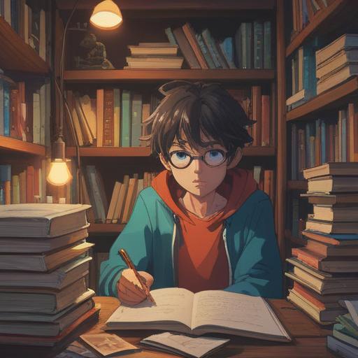 A visually striking illustration of a person sitting at a desk, surrounded by piles of books and papers, deep in thought, capturing the essence of organizing scattered notes, bright light illuminating the workspace, a cup of coffee next to a laptop, a notepad filled with bullet points, cozy and inviting atmosphere, conveying the concept of summarization and clarity, 4k