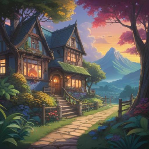 A serene and dreamlike landscape, a winding path leading to a cozy home, soft glowing light emanating from the windows, lush greenery and blooming flowers along the way, feeling of warmth and nostalgia, ethereal clouds floating in a blue sky, gentle rays of sunlight filtering through trees, symbolic representation of longing and comfort, 4k