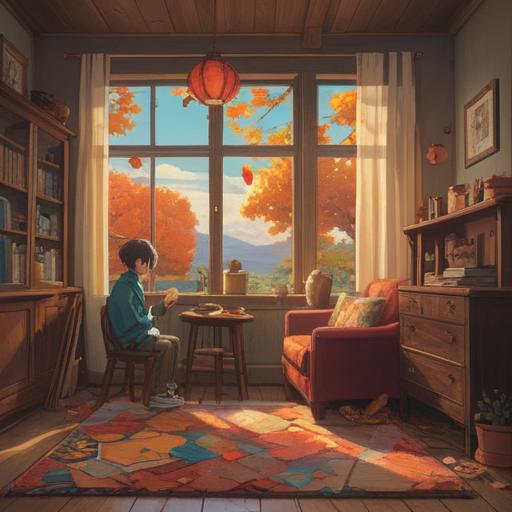 A serene landscape with a cozy family home, soft glow from the windows, gentle autumn leaves falling, a sense of longing in the air, ethereal light illuminating a path leading home, subtle spiritual symbols in the background, peaceful atmosphere, reflections of memories, warm colors, inviting feel, 4k