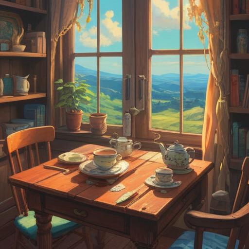 A serene morning scene of a cozy living room, sunlight streaming through the window, a cup of tea on a wooden table, a potted plant in the corner, soft cushions on a comfortable sofa, a peaceful atmosphere, small details like an open book and a pair of glasses, inviting and warm, 4k