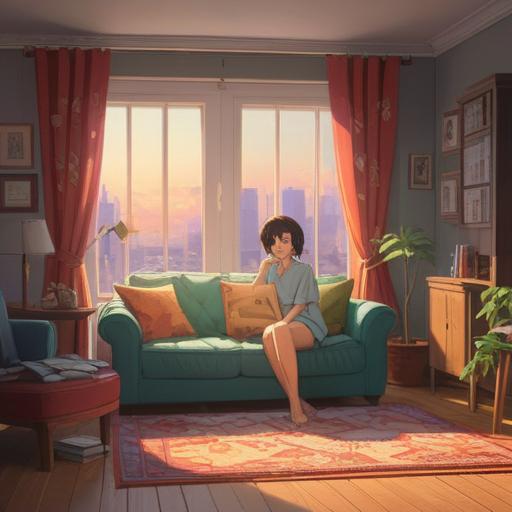 A serene and cozy living room, soft sunlight filtering through curtains, a person lounging on a sofa with a peaceful expression, ethereal light orbs gently floating around, soft pastel colors, spiritual symbols subtly integrated in the decor, warm and inviting atmosphere, 4k
