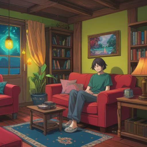 A serene domestic scene, a person sitting in a cozy room, drowsily nodding off on a comfortable sofa, subtle spiritual symbols appearing softly in the background, gentle light illuminating the space, tranquil atmosphere, warm colors, hints of mystical energy, inviting and peaceful feeling