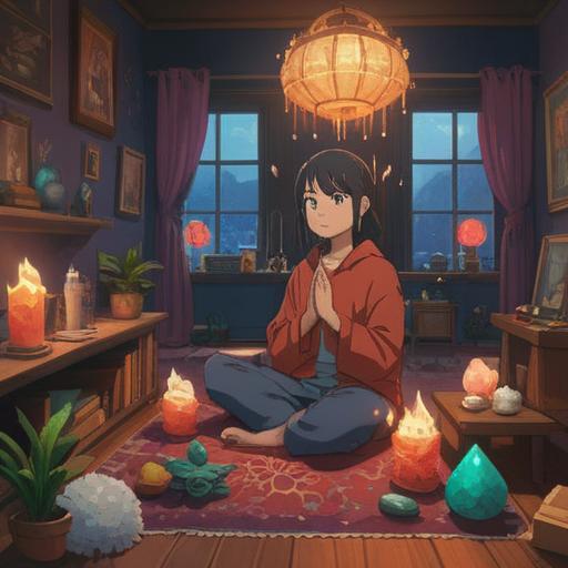 A cozy living room scene, warm lighting, a person meditating peacefully, surrounded by various spiritual items like crystals and incense, a subtle aura of tranquility, soft pillows and blankets, plants adding a touch of nature, calming atmosphere, inviting and serene, 4k