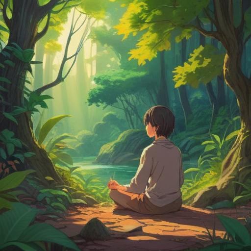 A serene and tranquil scene of a person meditating in a peaceful nature setting, surrounded by lush greenery and soft sunlight filtering through leaves, the individual has a calm expression, embodying a sense of inner peace, gentle flowing river nearby, reflecting the tranquility, symbols of spirituality like crystals and incense, creating a harmonious atmosphere, 4k
